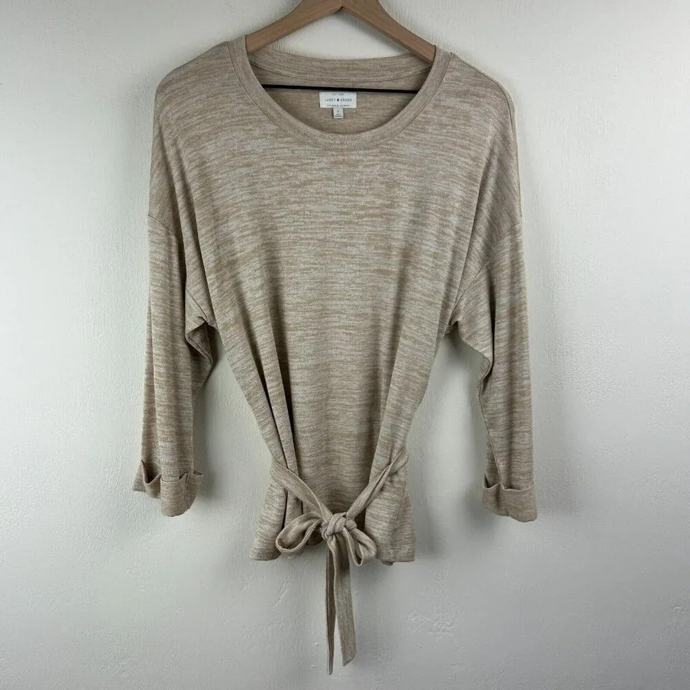 Lucky Brand Sweater Womens Small Tan Tie Waist Shirt Space Dye Top Ladies